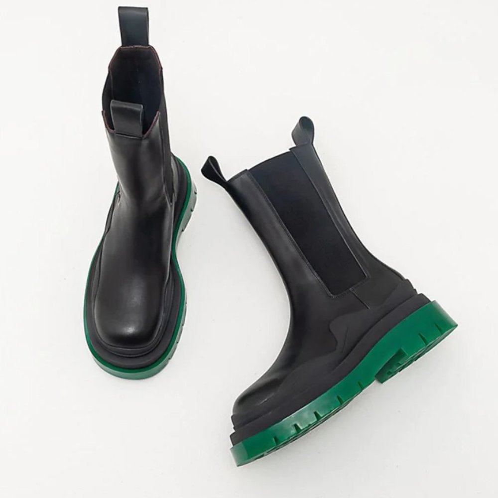 Black Leather w/Green Sole Lug Boots - Picture 3 of 3